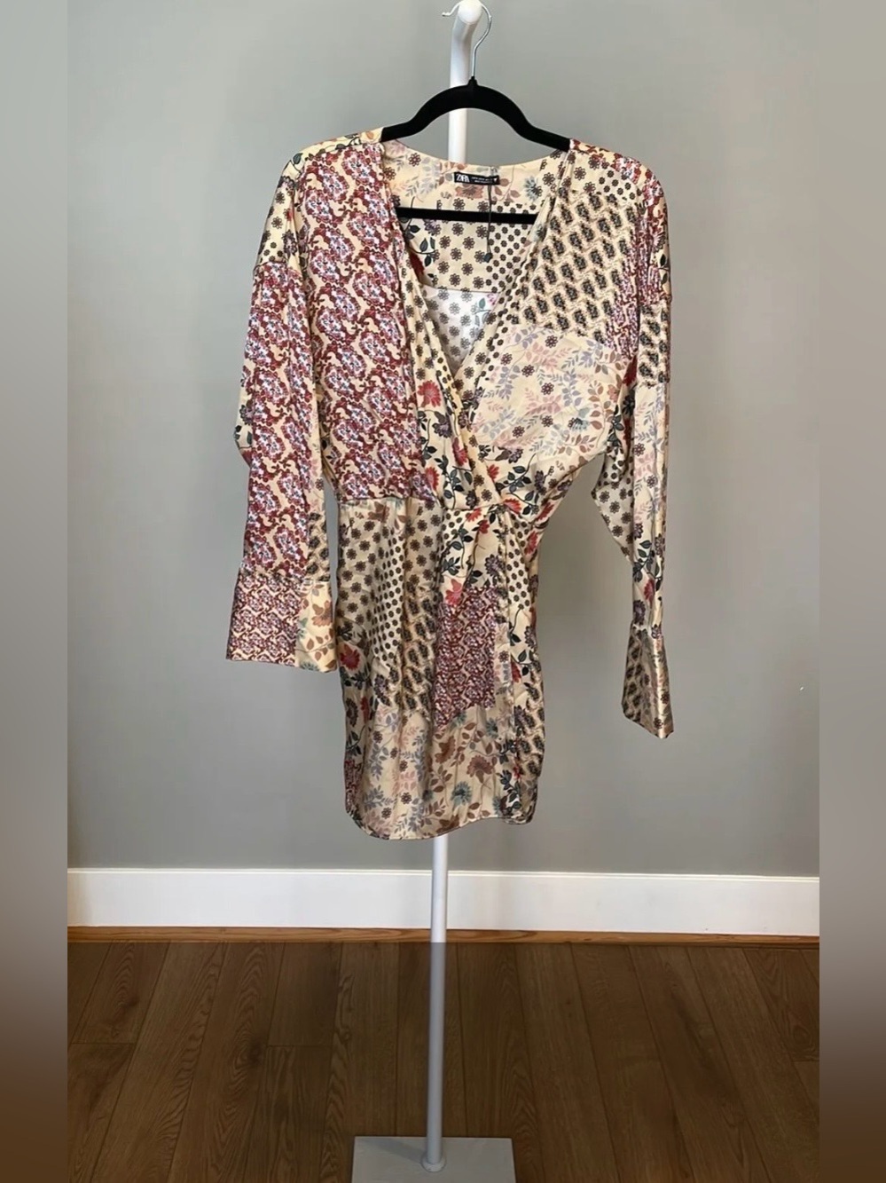 Zara Mixed Floral & Patchwork Print Wrap Romper in Cream and Pink